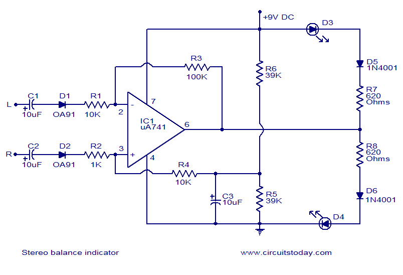 一个简单的立体声平衡指示器电路