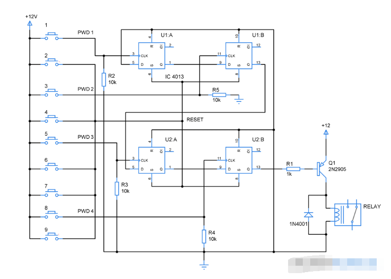 使用两个CD4013构建的密码锁电路