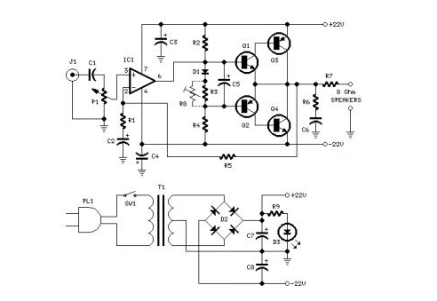 Circuit diagram of 18W audio amplifier