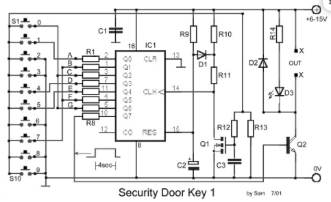 Circuit diagram of electronic door lock security key system