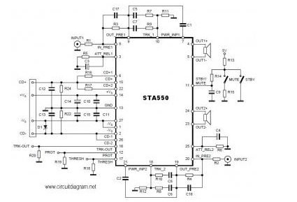 Circuit diagram of 70W stereo power amplifier built with single power supply ICSTA550