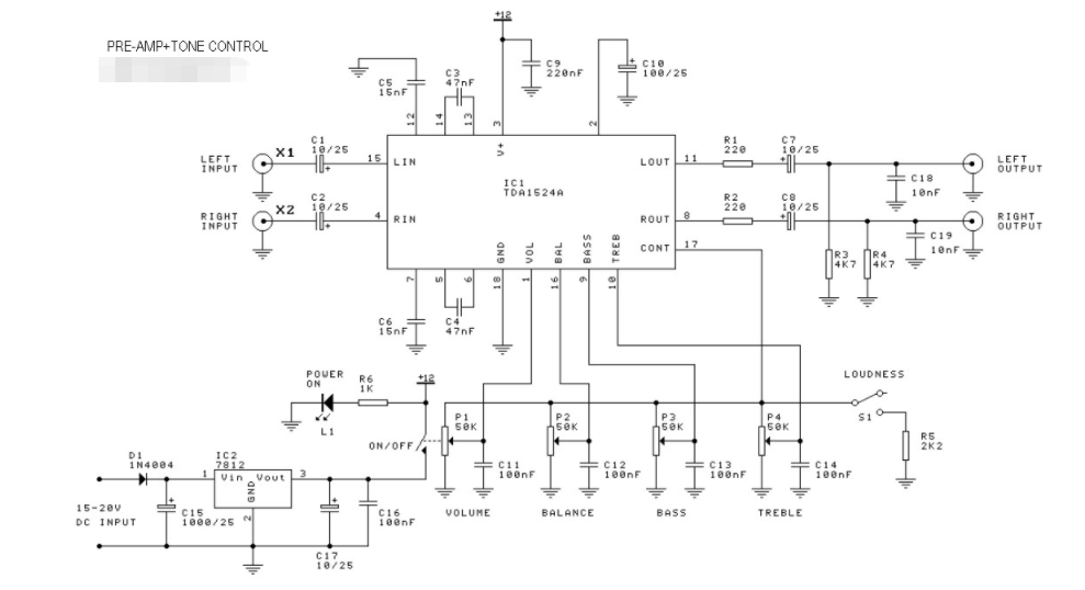 Tone control circuit based on TDA1524A