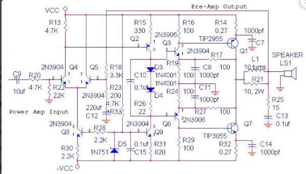 Circuit diagram of 70W OCL power amplifier