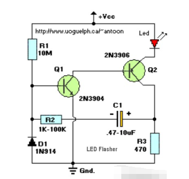 LED Flasher circuit using 2 transistors for LED switching