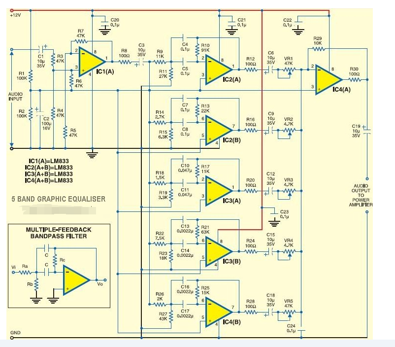 Build a 5-band graphic equalizer circuit using NE5532 and LM833