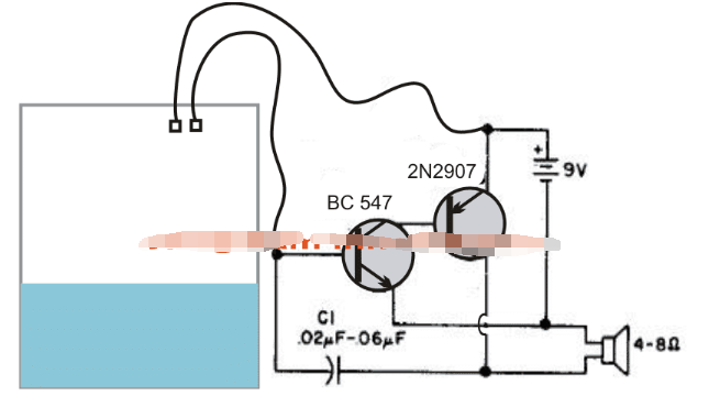 使用两个晶体管制作简单的可听见水位指示器电路