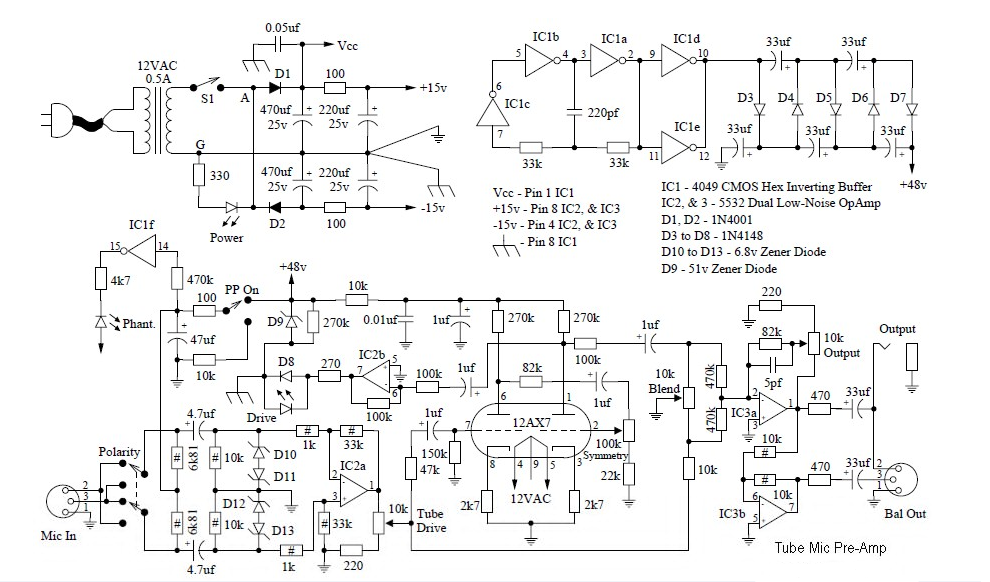 Circuit diagram of the 12AX7 tube microphone preamplifier