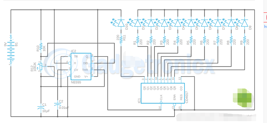 使用NE555和CD4017制作一个迪斯科LED灯电路