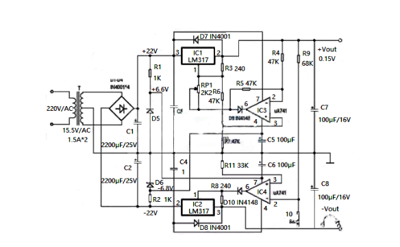 Design of adjustable voltage-stabilized power supply circuit diagram