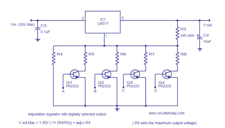 Adjustable voltage regulator circuit with digitally selected output