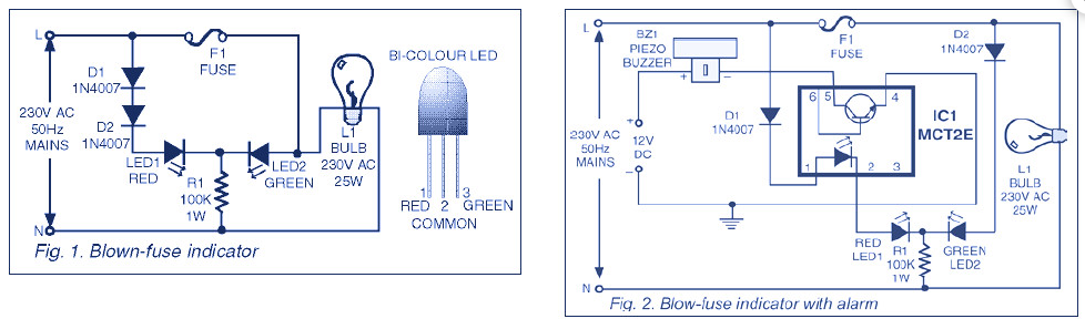 Indicator circuit for power supply 220V blown fuse