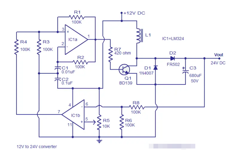 基于LM324的12V至24V DCDC转换器电路图