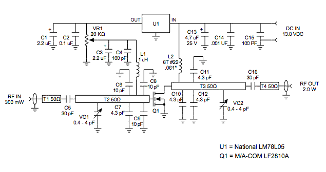 A 2W RF amplifier circuit with a single power MOSFET LF2810A