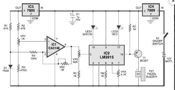 Electronic circuit diagram of aquarium temperature probe