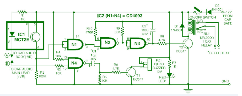 Anti-theft security circuit diagram of car audio system based on CD4093