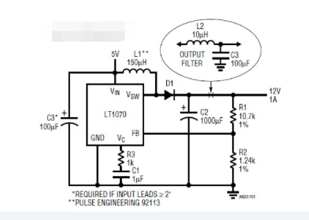 基于LT1070构建的5VDC至12VDC升压转换器电路