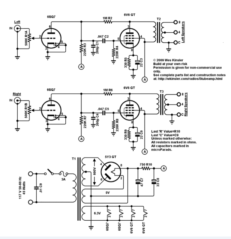 Stereo tube amplifier circuit diagram based on 6SQ7-GT and 6V6-GT