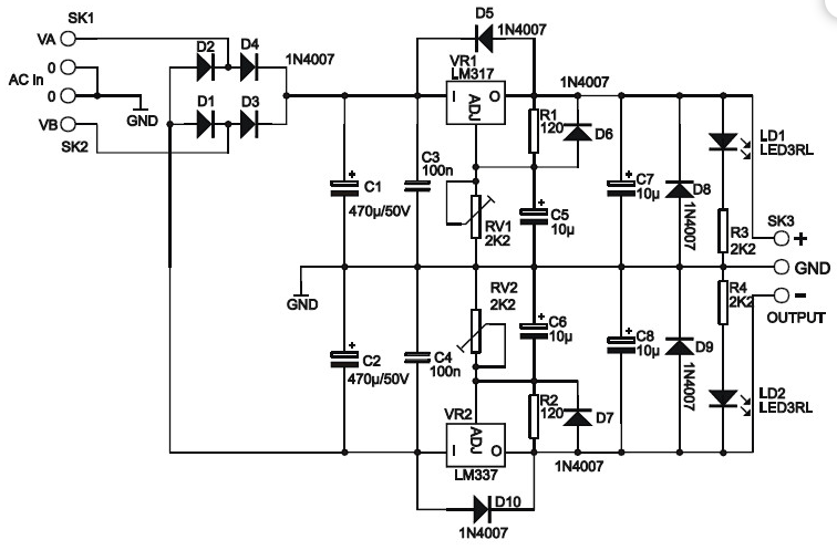 Adjustable symmetrical 1 to 24V DC/1A power supply circuit diagram