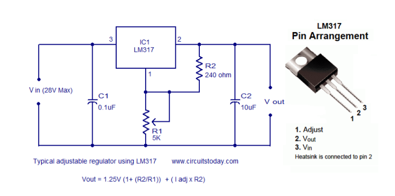 Typical positive voltage regulator circuit using LM317