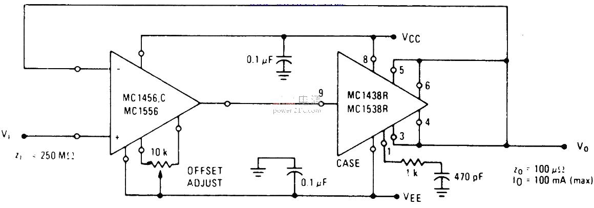 High input impedance, high output current voltage follower