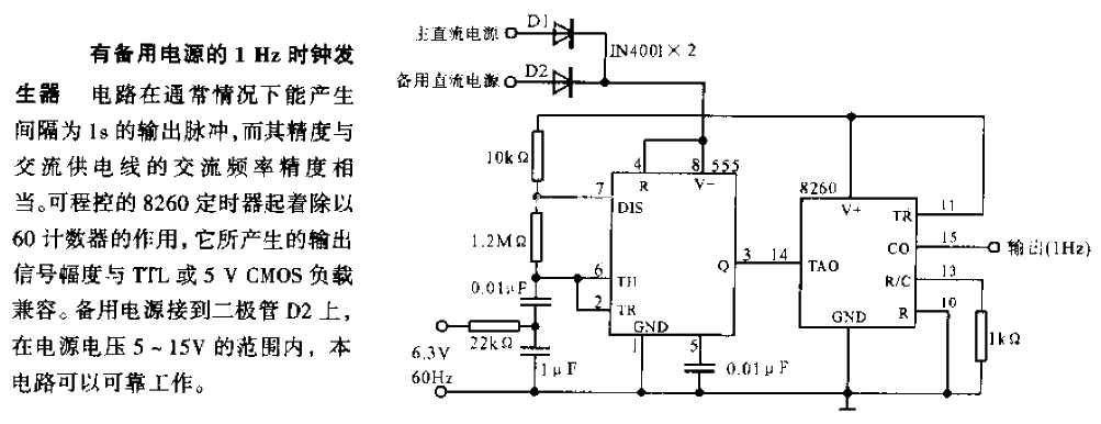 1HZ clock generator circuit diagram with backup power supply