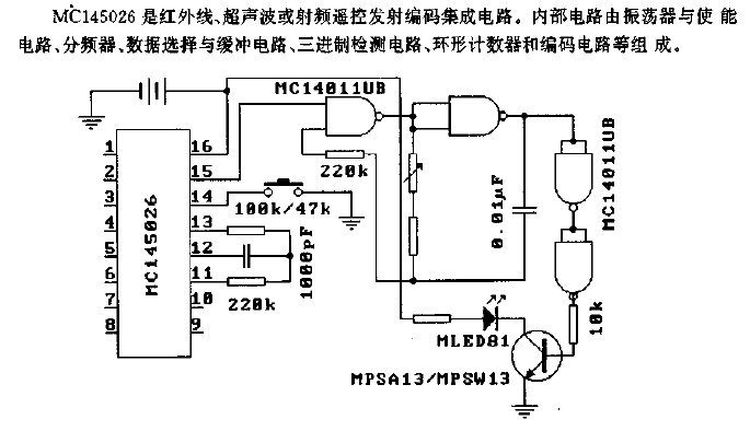 MC145026 (Universal)<strong><strong>Infrared</strong></strong>, <strong><strong>Ultrasonic</strong></strong> or <strong>RF</strong><strong>Remote Control</strong> strong>Launch<strong><strong>Encoding circuit</strong></strong>.gif