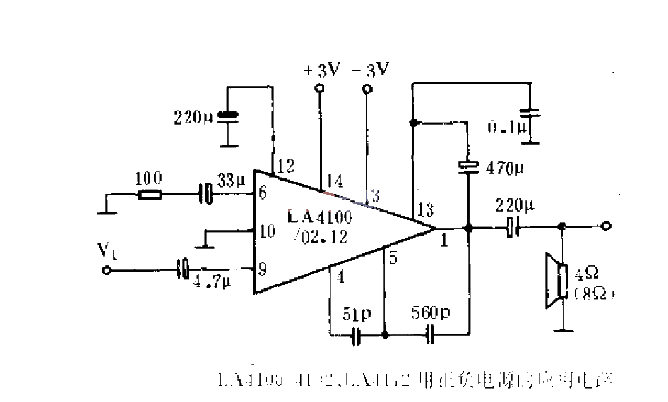 Application circuit of positive and negative power supplies for LA4100, LA4102 and LA4112