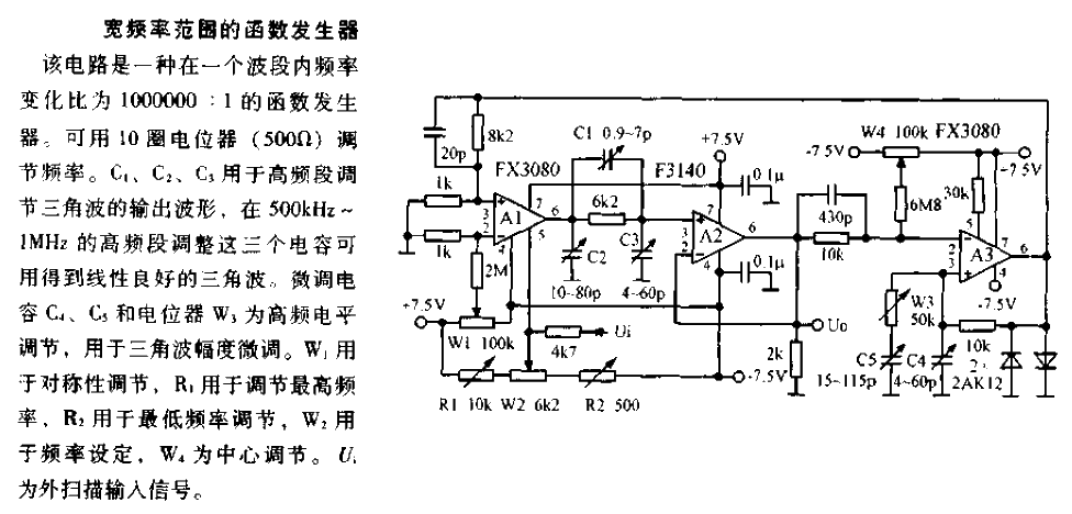 Function generator circuit diagram for wide frequency range