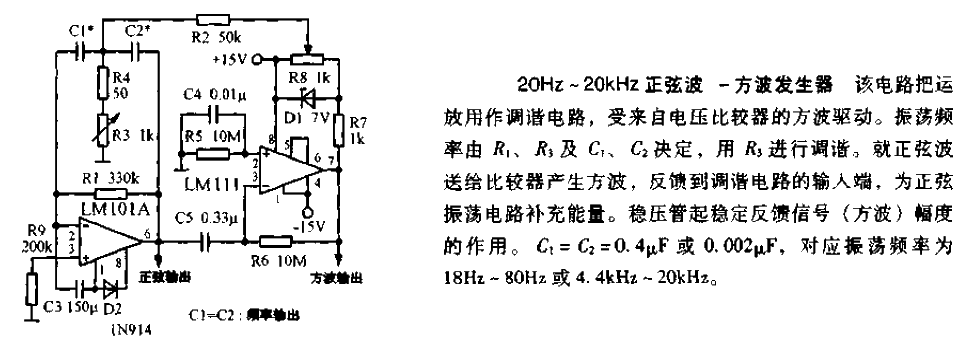 20HZ-20KHZ sine wave-square wave generator circuit diagram