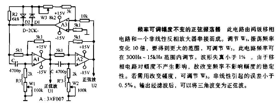 Circuit diagram of a sinusoidal oscillator with adjustable frequency and constant amplitude