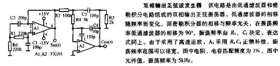 Bi-phase output sine wave generator circuit diagram