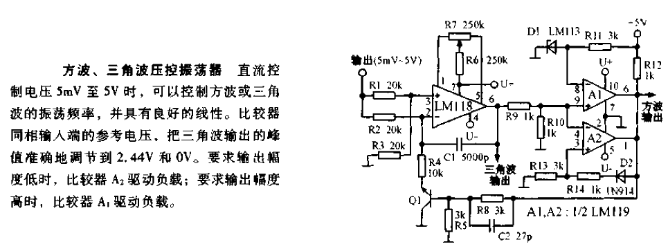 Square wave-triangular wave voltage controlled oscillator circuit diagram