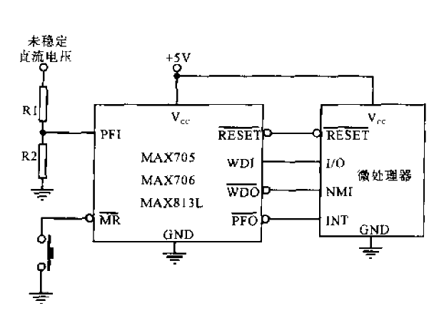 MAX705, 706, and 813L constitute a<strong>single-chip computer</strong><strong>monitoring circuit</strong>.gif