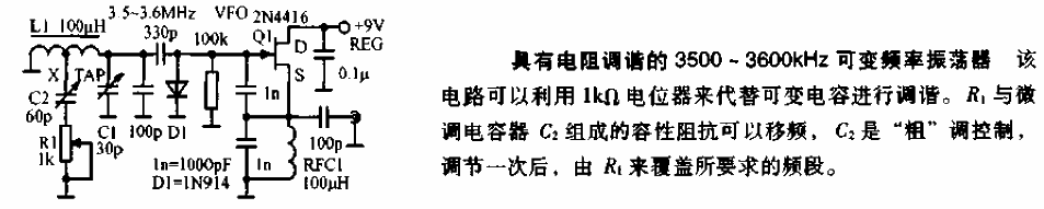 3500-3600KHZ variable frequency oscillator circuit diagram with resistor tuning
