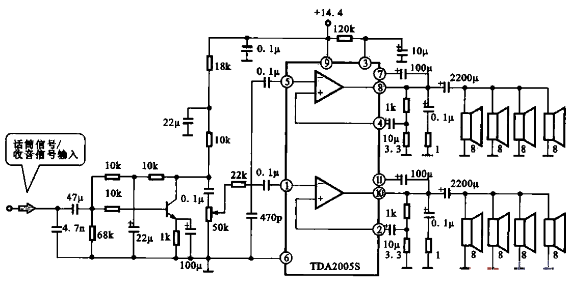 Bus amplifier circuit using TDA2005S