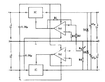 Voltage stabilization circuit diagram with synchronous adjustment of positive and negative voltages