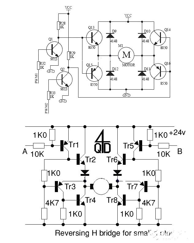 H-bridge drive circuit schematic diagram and enable control and direction logic