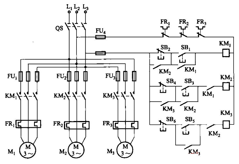 88.<strong>Control<strong>circuit</strong></strong> for three <strong>electric motors</strong> to start in sequence and stop in reverse sequence.gif