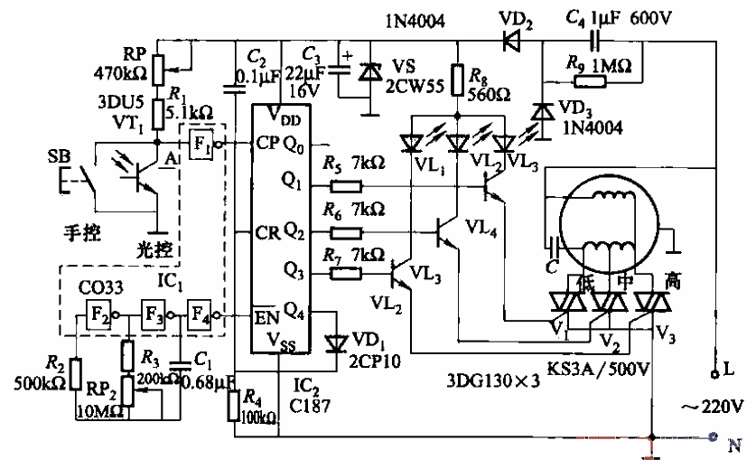 Three-speed fan with light-controlled speed regulation circuit