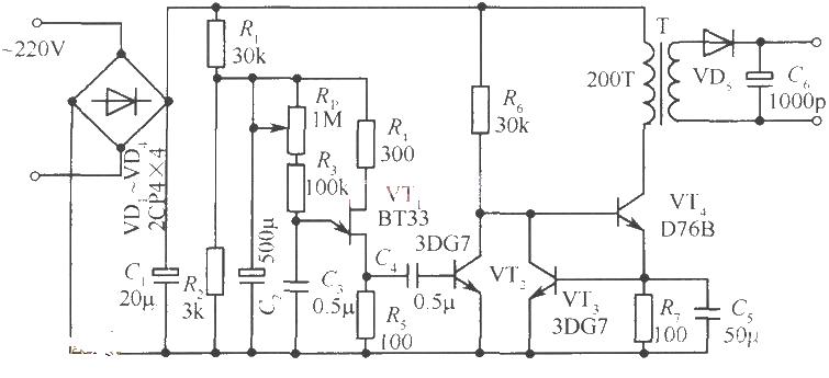 Circuit diagram of separately excited switching stabilized power supply using single-junction transistor as pulse generator