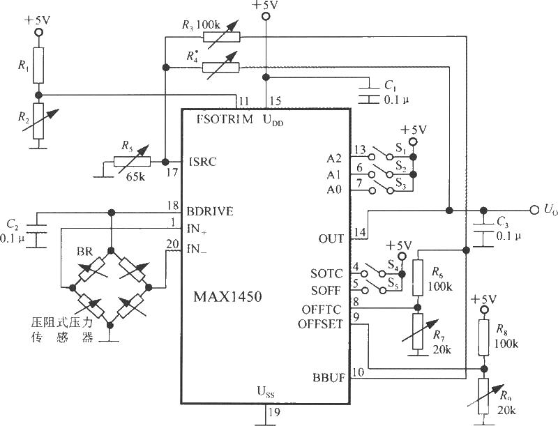 Pressure signal conditioning circuit circuit diagram based on MAX1450