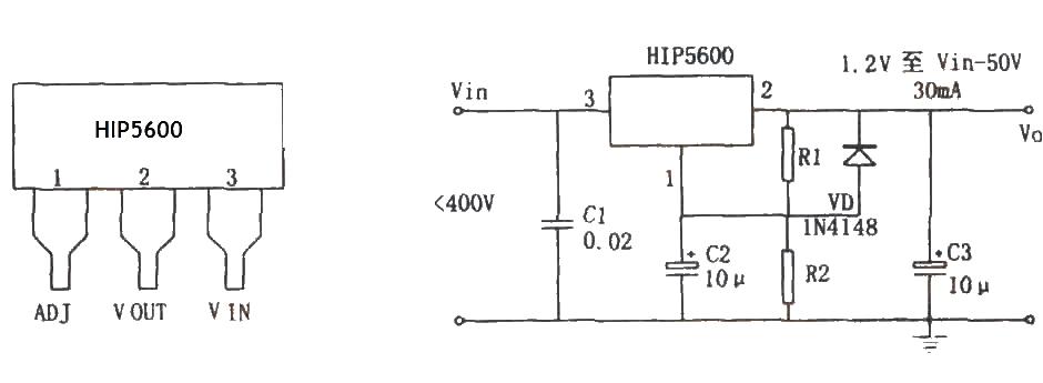 Circuit diagram of small power transformerless regulated power supply composed of high voltage linear regulator HIP5600