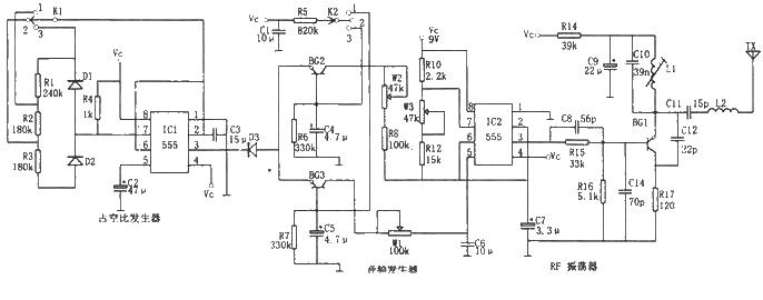 Multifunctional remote control circuit diagram produced by NE555 and LM909