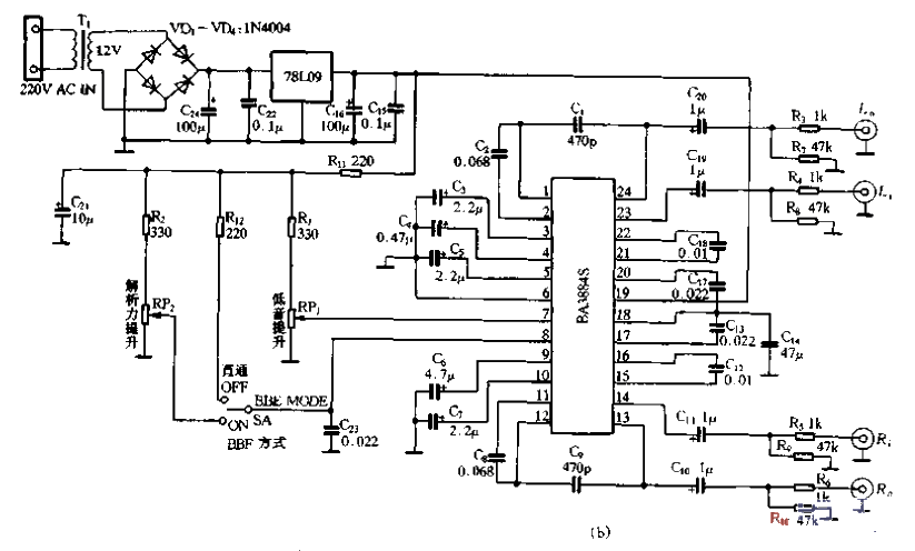 Internal circuit and application circuit of BA3884 (b)