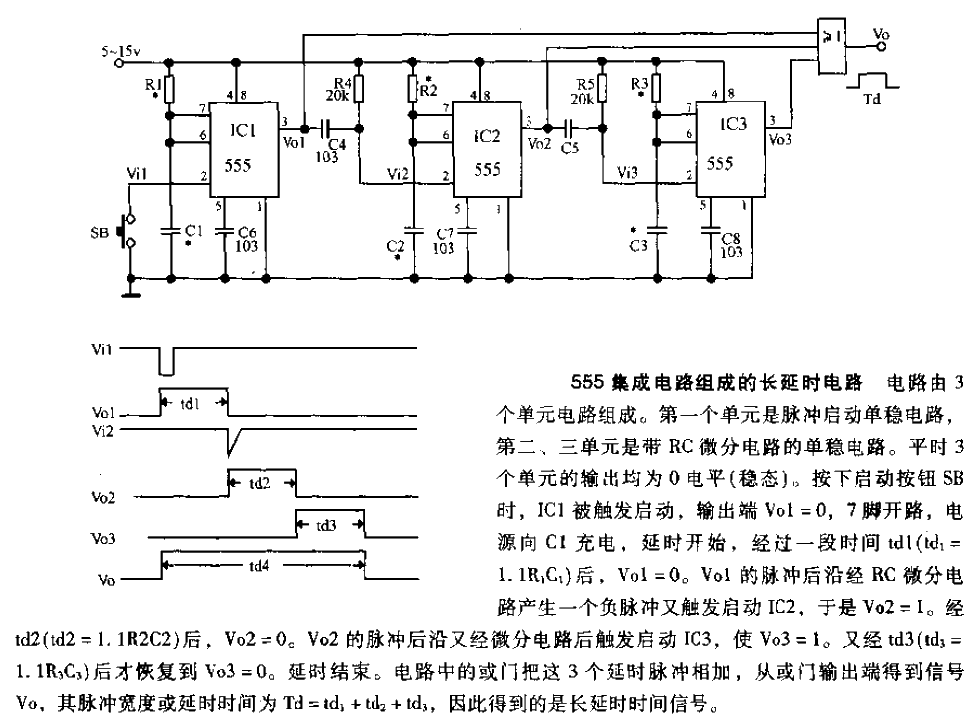 Long delay circuit composed of 555 integrated circuit