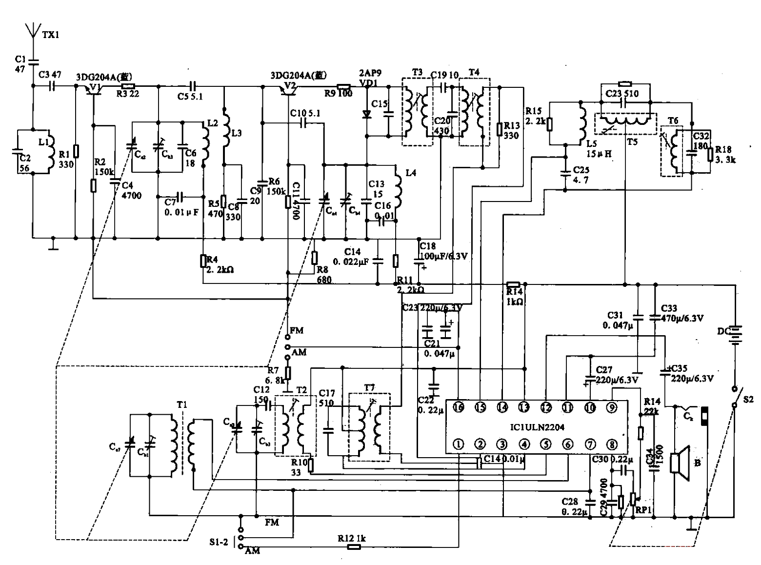 3.<strong>FM</strong>-AM two<strong>Band</strong><strong>radio circuit composed of ULN2204.gif