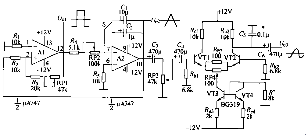 Square wave-triangular wave-sine wave function generator circuit