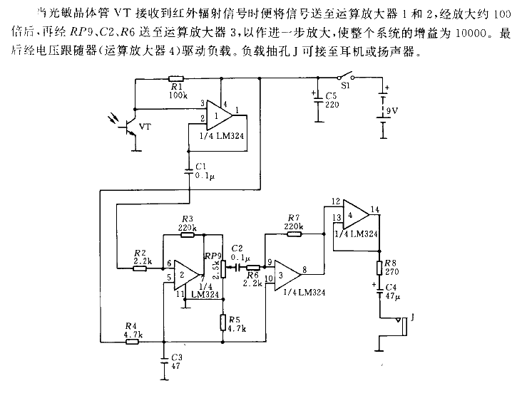 Infrared receiving circuit using operational amplifier