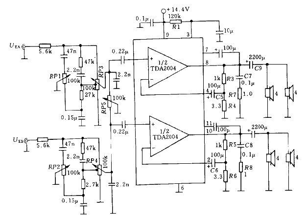 Stereo power amplifier output circuit using TDA2004 02