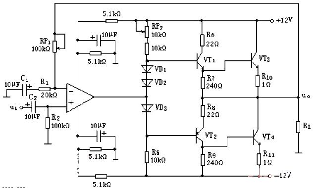 OCL quasi-complementary power amplifier circuit driven by op amp NE5532